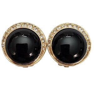 Christian Dior Round Black Glass Cabs Clear Rhinestone Clip On Earrings, L427